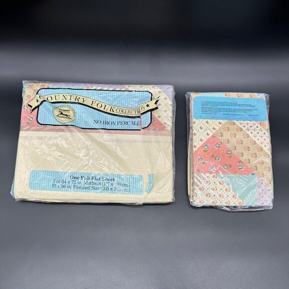 Vintage Full Flat Sheet 2 Pillowcases Set JP Stevens Country Folk 1980s Cottage - Picture 3 of 10